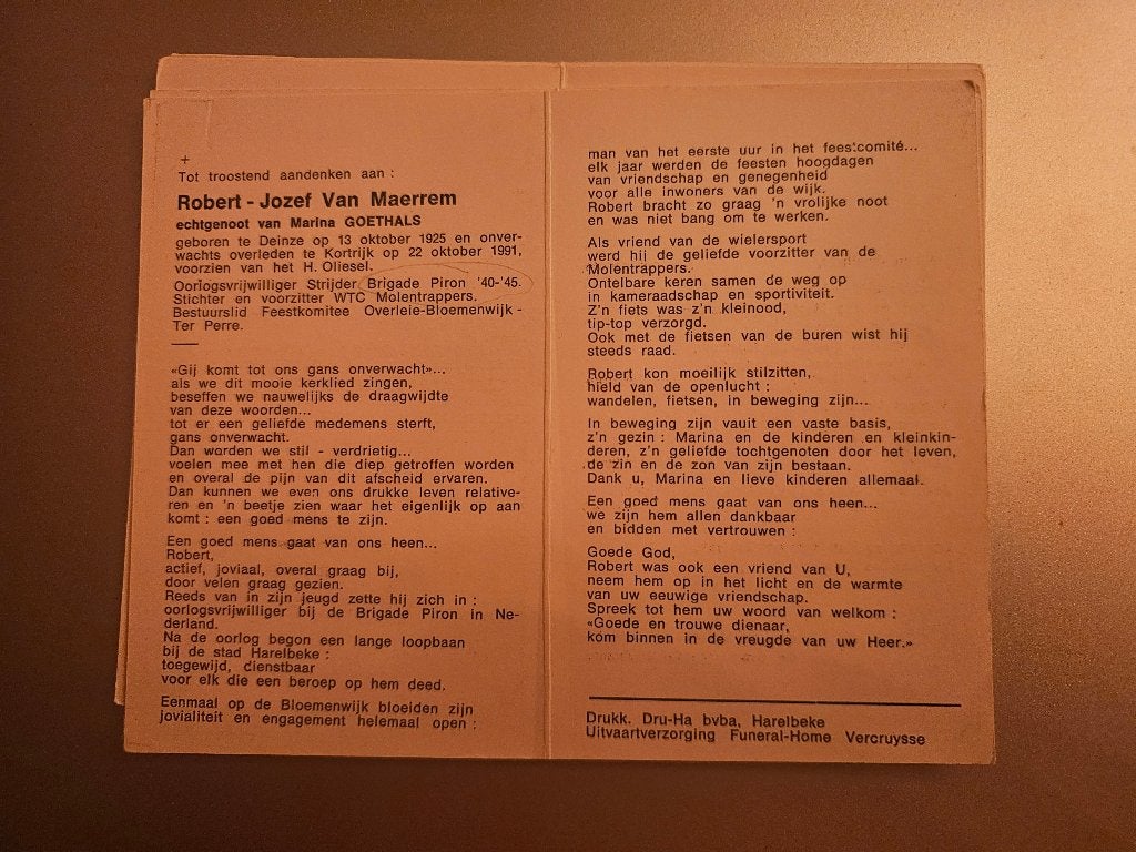 Brigade Piron Van Maerrem, Verzamelen, Ophalen of Verzenden, Bidprentje