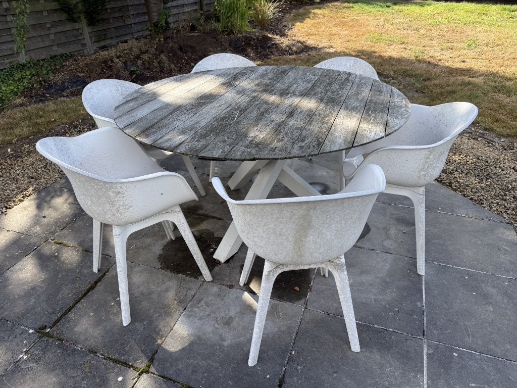 Tuintafel + 6 stoelen, Tuin en Terras, Ophalen, Gebruikt, Rond, Teakhout