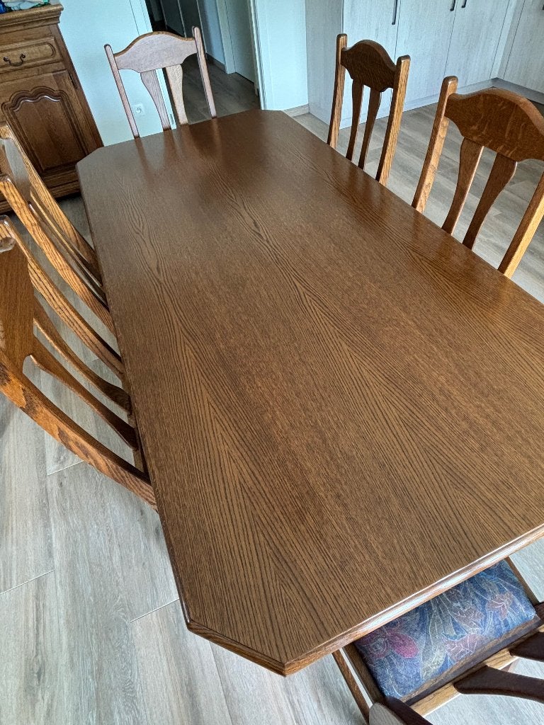 Eetkamer met houten tafel en 6 stoelen, Ophalen, Gebruikt, 4 tot 6 stoelen