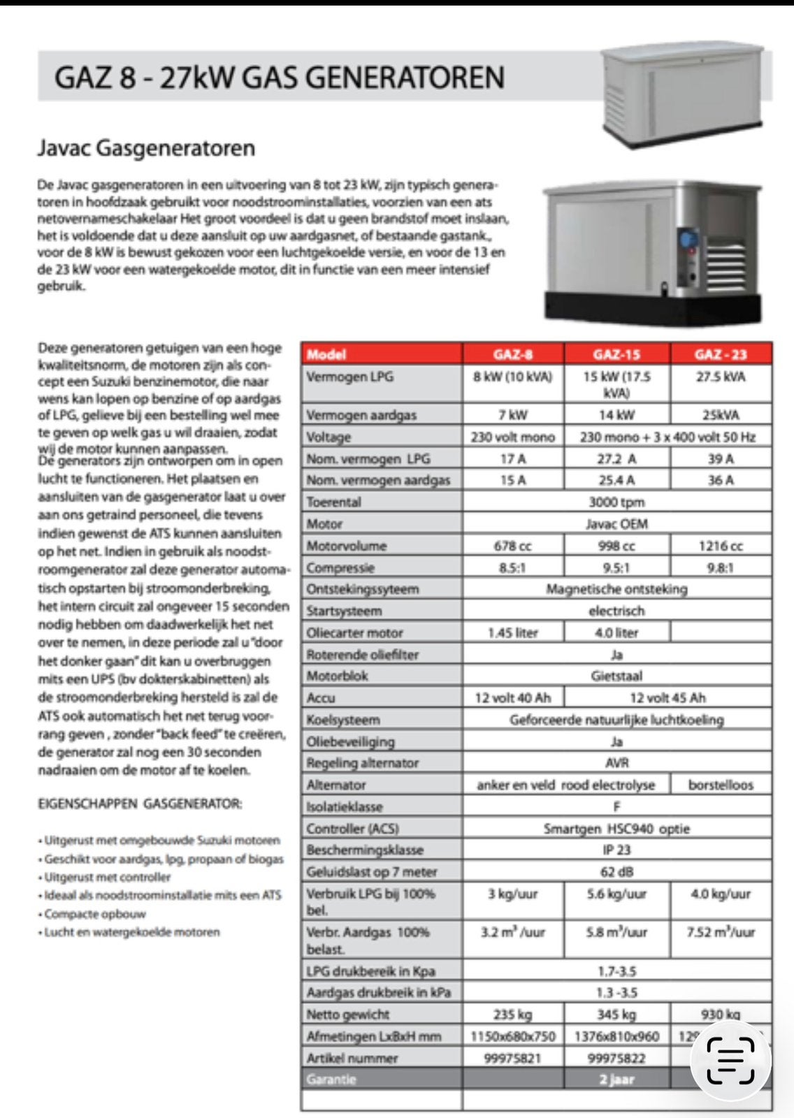 JAVAC Biogasgenerator 8-15 kW + netkoppeling, Ophalen