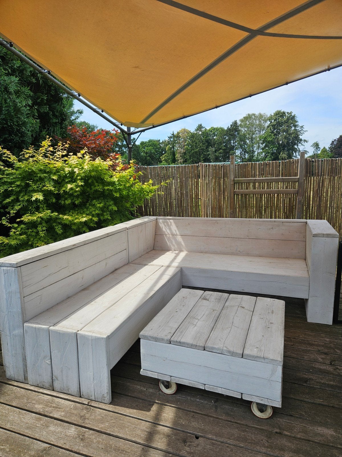 Steigerhout loungeset wit met tafeltje op wielen., Ophalen, 5 zitplaatsen, Steigerhout, Loungeset