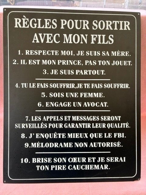 Pancarte métallique « Règles pour sortir avec mon fils »., Antiquités & Art, Enlèvement ou Envoi