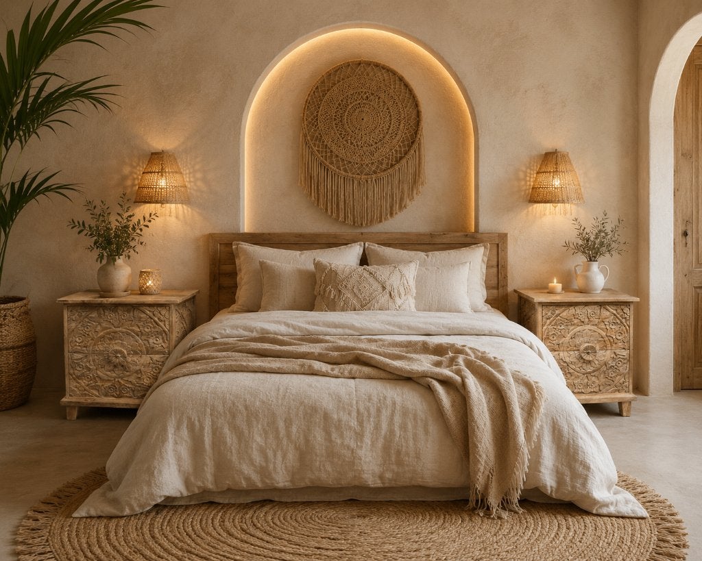 2 x Handgesneden Kastje/Nachtkastje uit India Ibiza/Boho, Maison & Meubles, Chambre à coucher | Tables de chevet, Neuf, 55 à 70 cm
