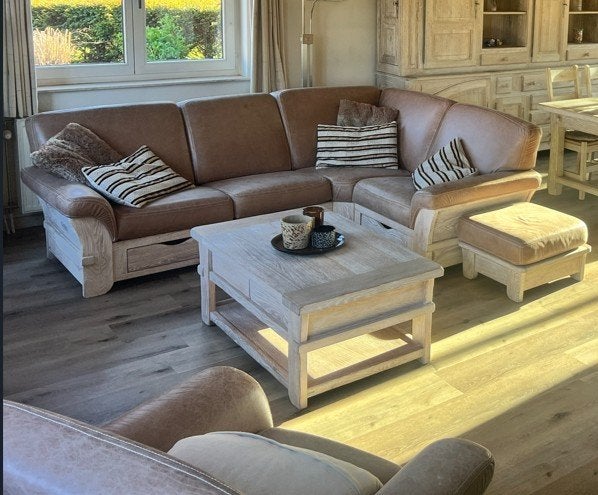 Landelijke salon in leder en robuust hout – complete set, Huis en Inrichting, Ophalen, Gebruikt, Hout, Landelijk