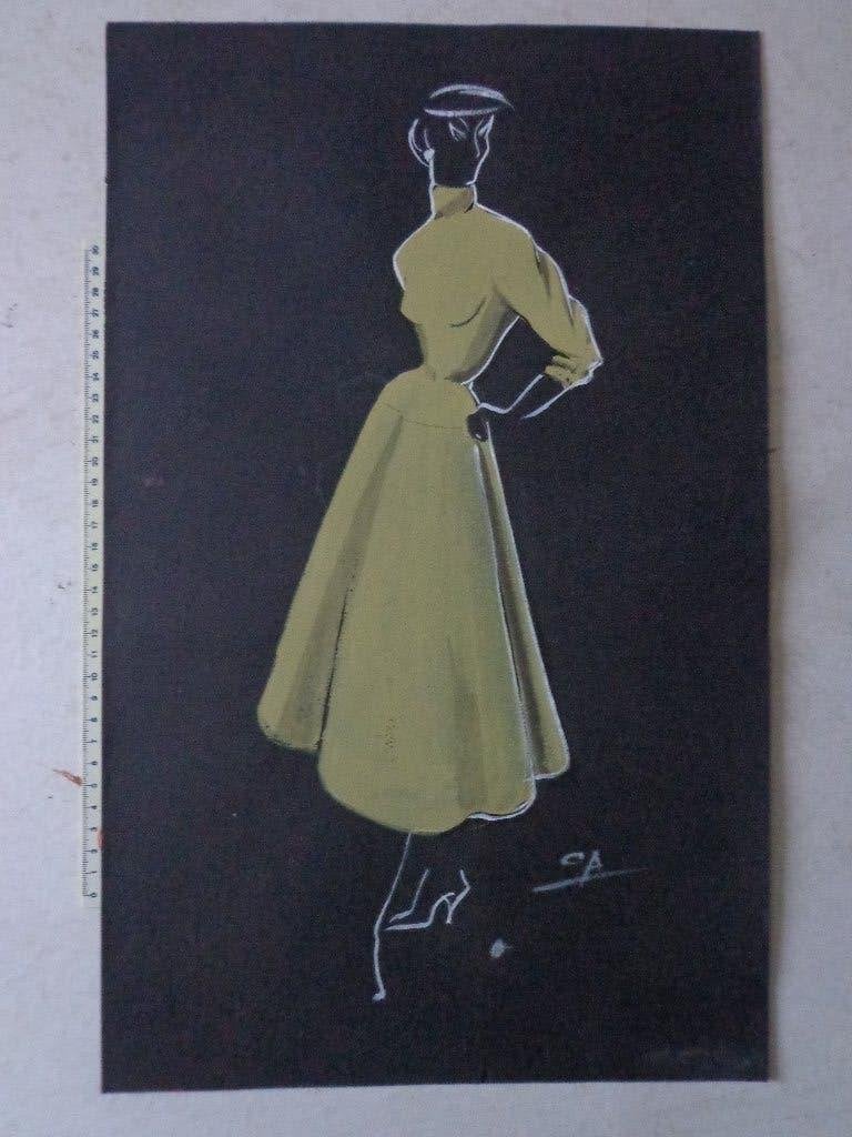 originele modetekening met New Look jurk van Christian Dior, Antiek en Kunst, Ophalen of Verzenden, Tekening, Aquarel