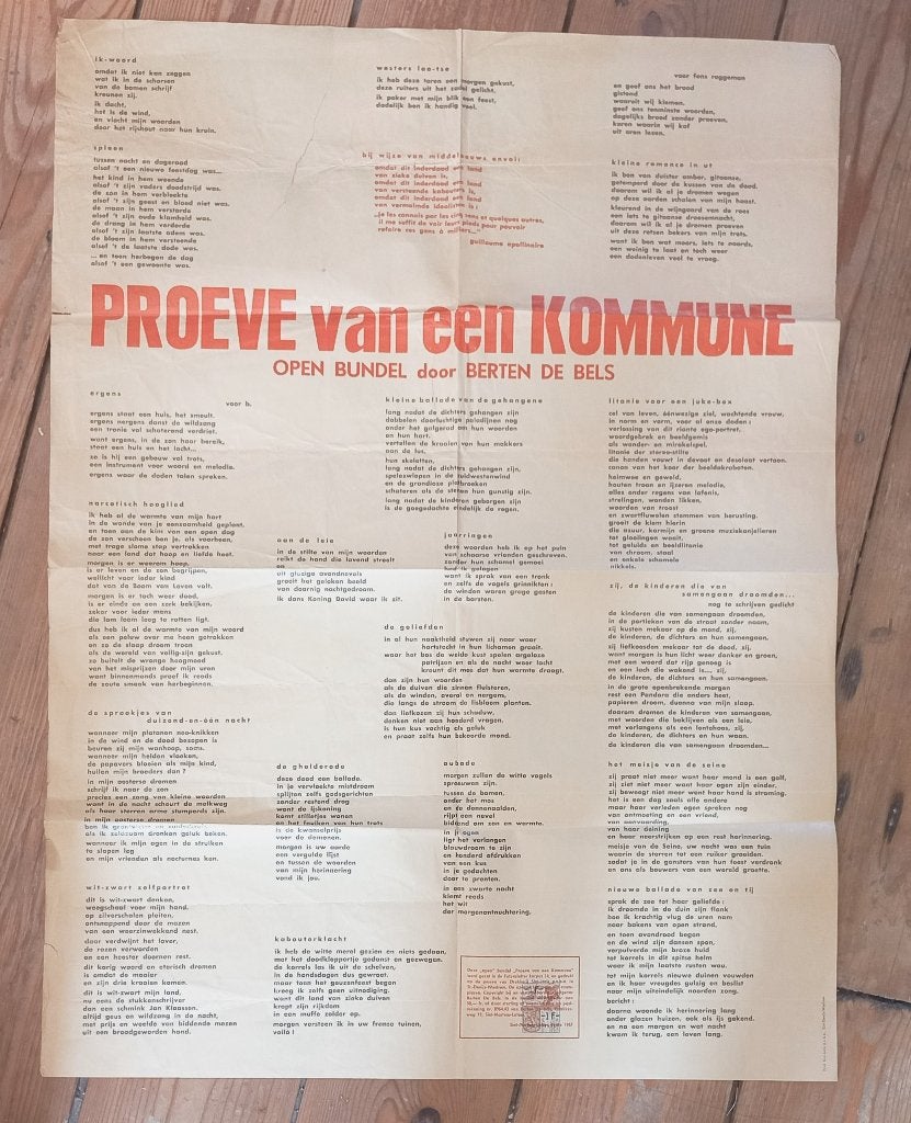 Open dichtbundel affiche Berten de Bels Kommune 1967, Ophalen of Verzenden
