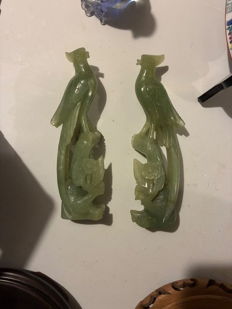 Jade beeld (2x) paradijsvogels, Antiek en Kunst, Ophalen, Minder dan 20 cm, Handgemaakt, Overige materialen