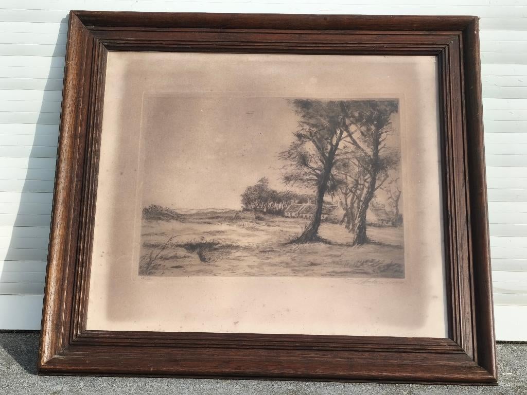 gravure paysage avec maison signe henri mortiaux, Antiquités & Art, Enlèvement ou Envoi, Paysage, Gravure