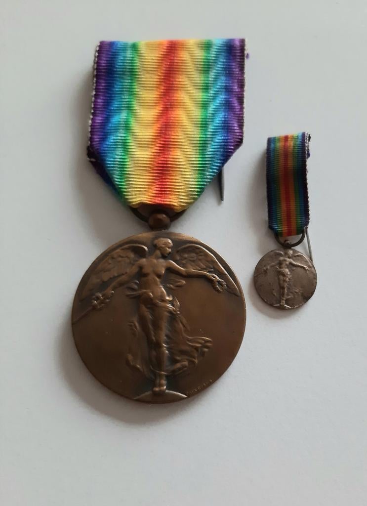 Overwinningsmedaille 1914-1918 (België) + miniatuur., Verzamelen, Ophalen of Verzenden