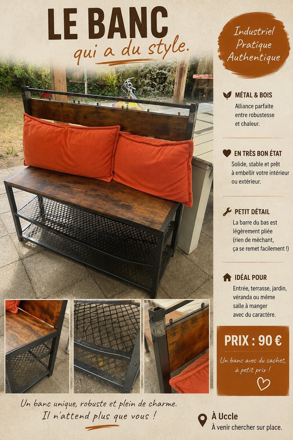 Banc industriel métal & bois, Enlèvement, Comme neuf, Bois