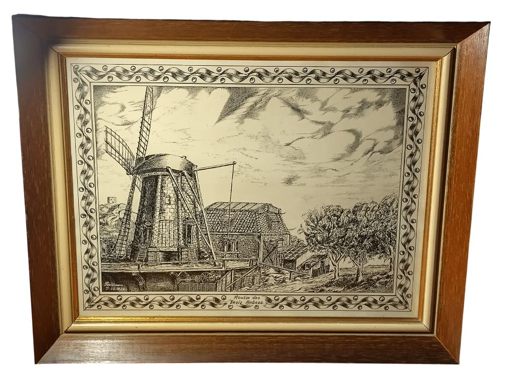 Schilderij "Molen van de Drie Bomen" gesigneerd Guillaume 70, Antiek en Kunst, Kunst | Tekeningen en Fotografie, Ophalen