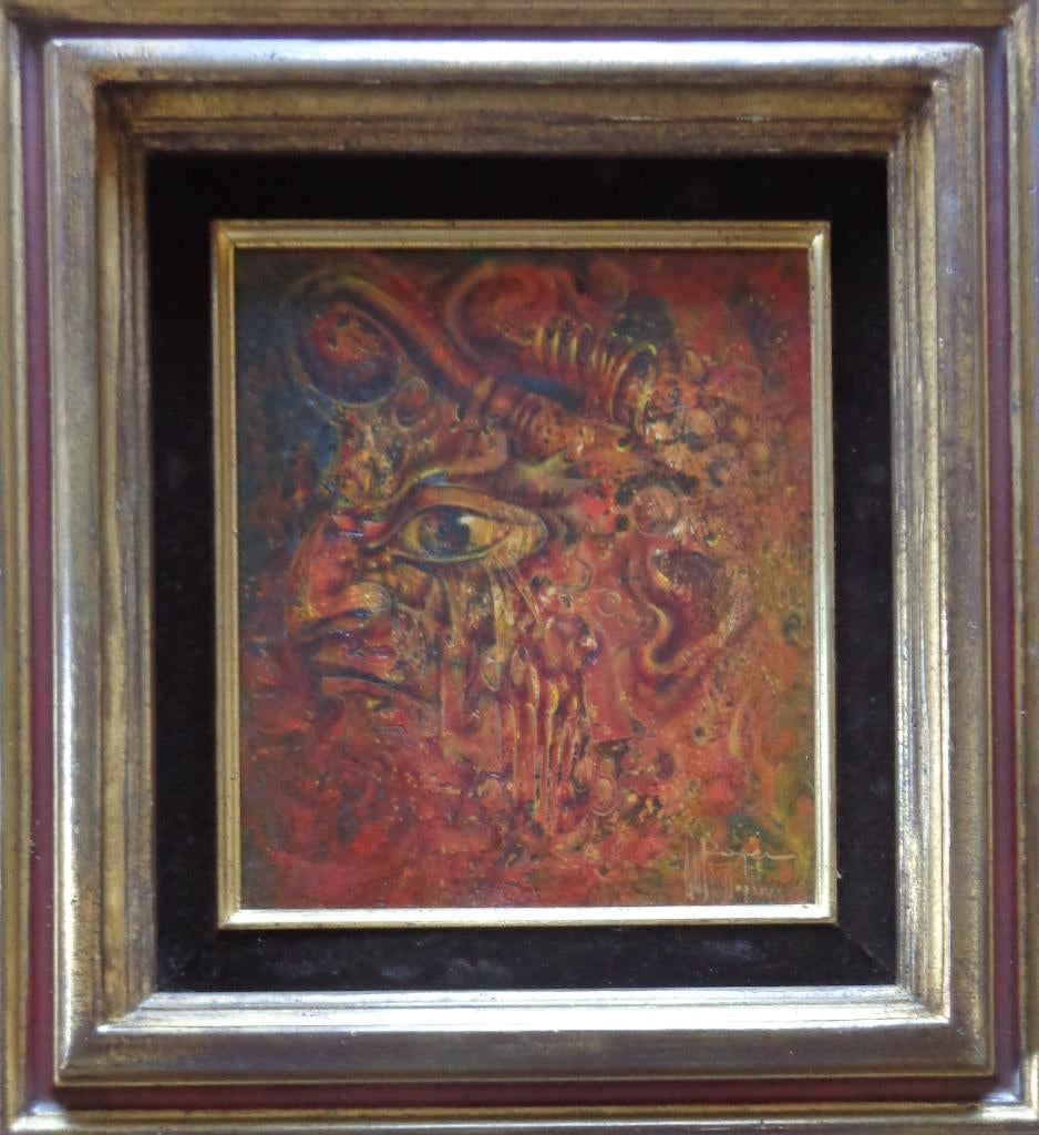 ROGER VAN BELLEGHEM / RODE FIGUUR / OLIEVERF / 33x30cm KADER, Enlèvement ou Envoi, Signé, Peinture à l'huile