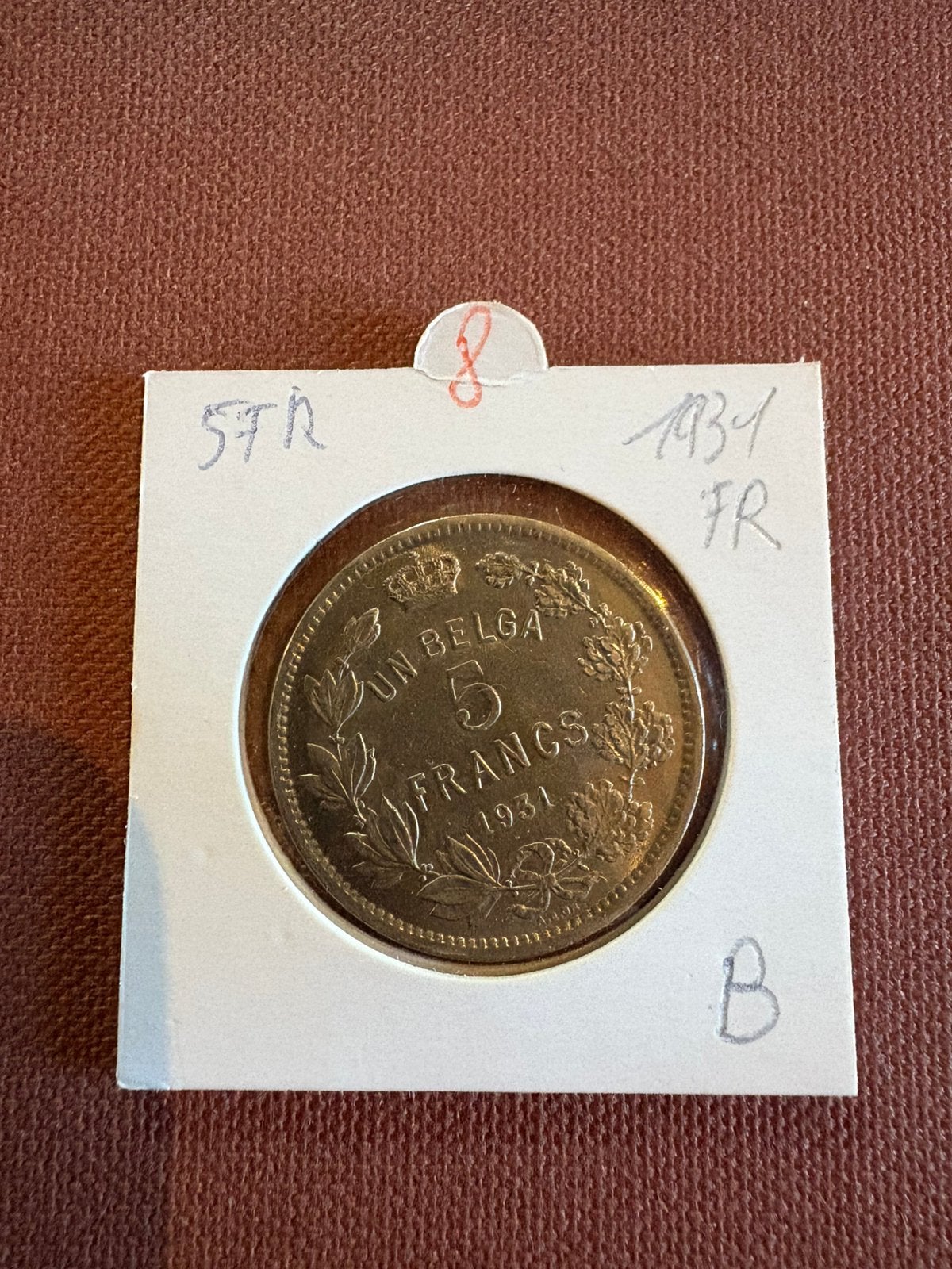 Belgische munt 5 Frank / Un Belga 1931 – Albert I (FR), Postzegels en Munten, Ophalen of Verzenden, Overig, Losse munt