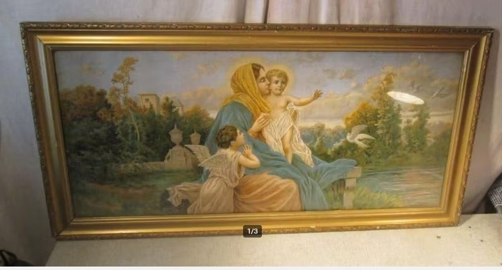 Cadre photo antique en bois doré - Imprimé religieux - 88x44, Enlèvement ou Envoi