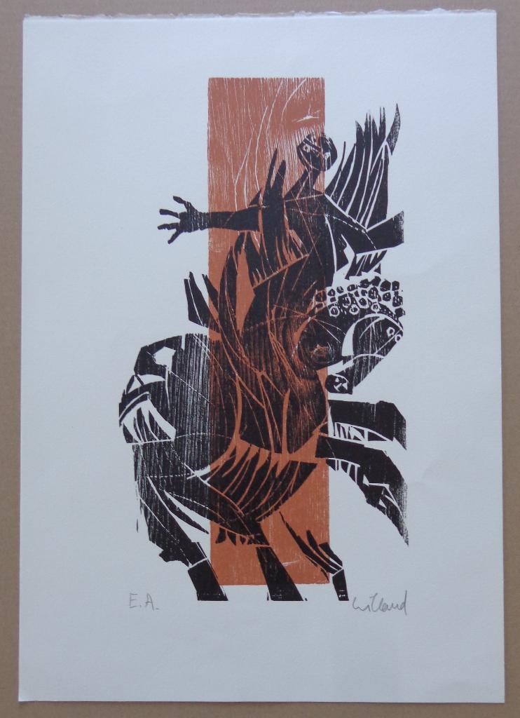 DETLEF WILLAND / ENGELREITER / KLEURHOUTSNEDE / 52x36cm SIG, Antiek en Kunst, Kunst | Litho's en Zeefdrukken, Ophalen of Verzenden