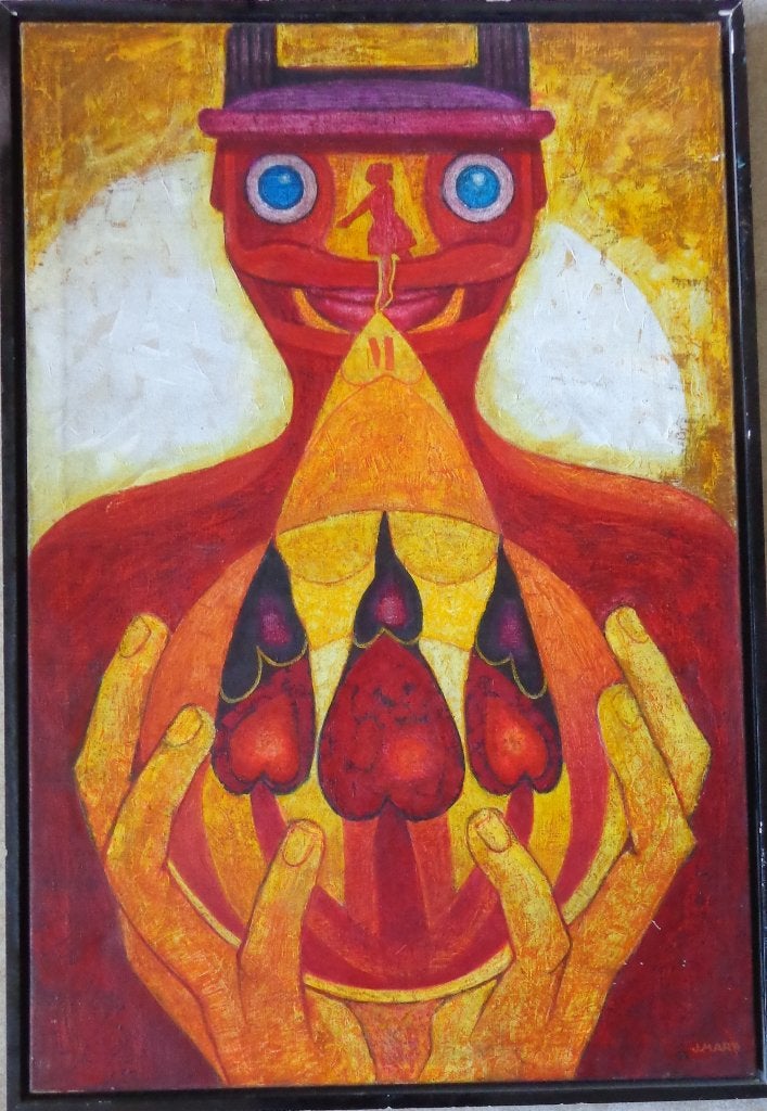 JOAN MARTI / DES COEURS / OLIEVERF DOEK / 125x85cm / KADER, Antiquités & Art, Enlèvement, Signé, Peinture à l'huile