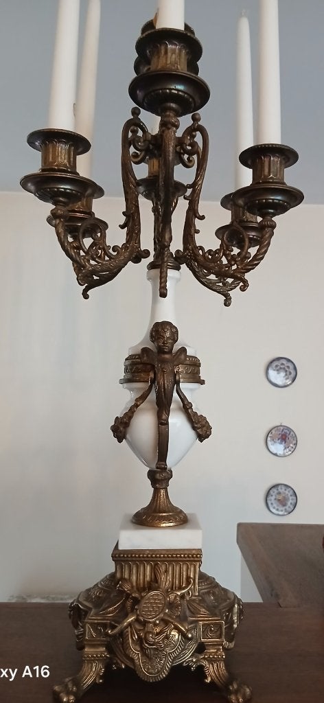 Groot driedelig antiek schouwgarnituur brons & Marmer, Antiek en Kunst, Ophalen of Verzenden