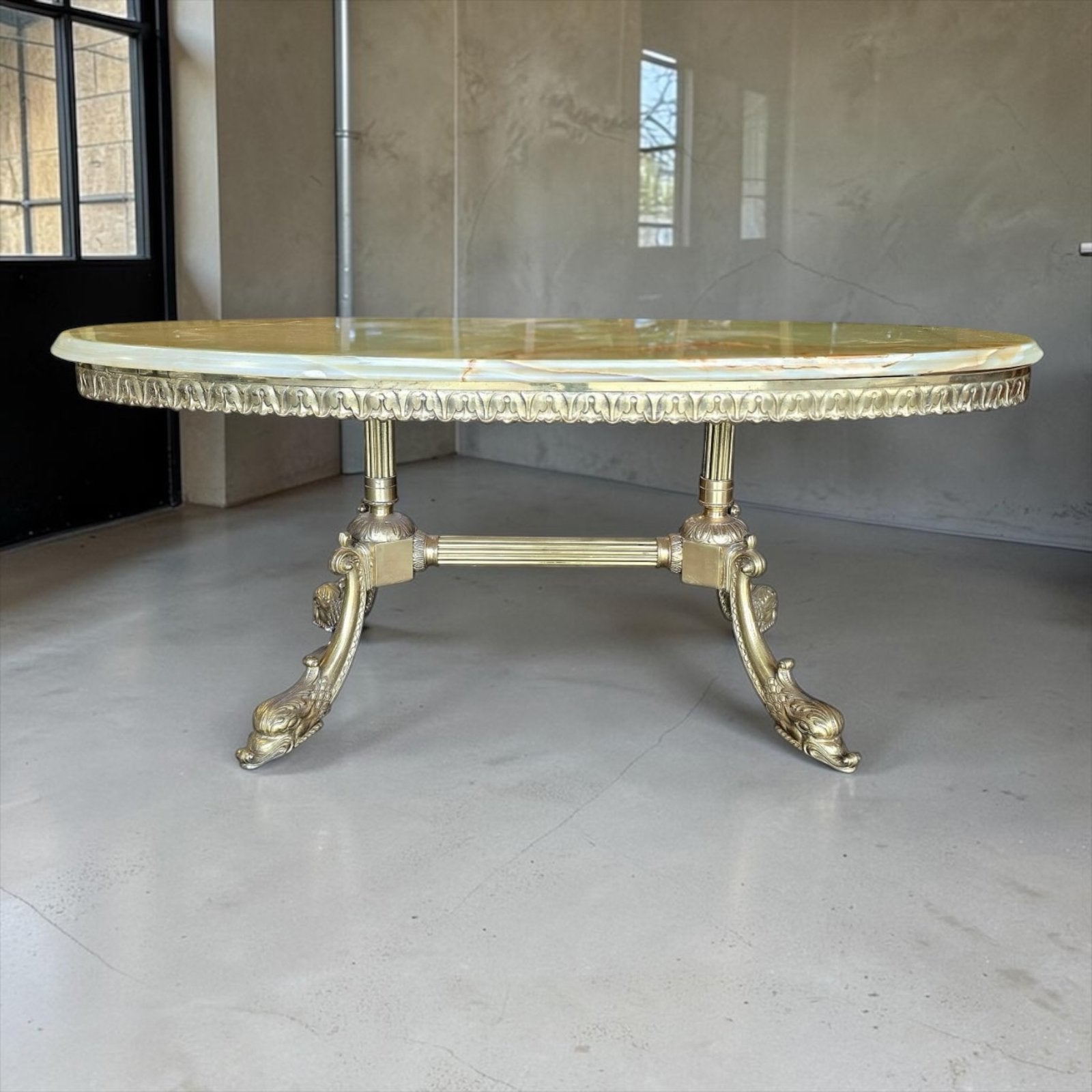 Vintage messing salontafel / coffee table met onyx blad, Ophalen of Verzenden