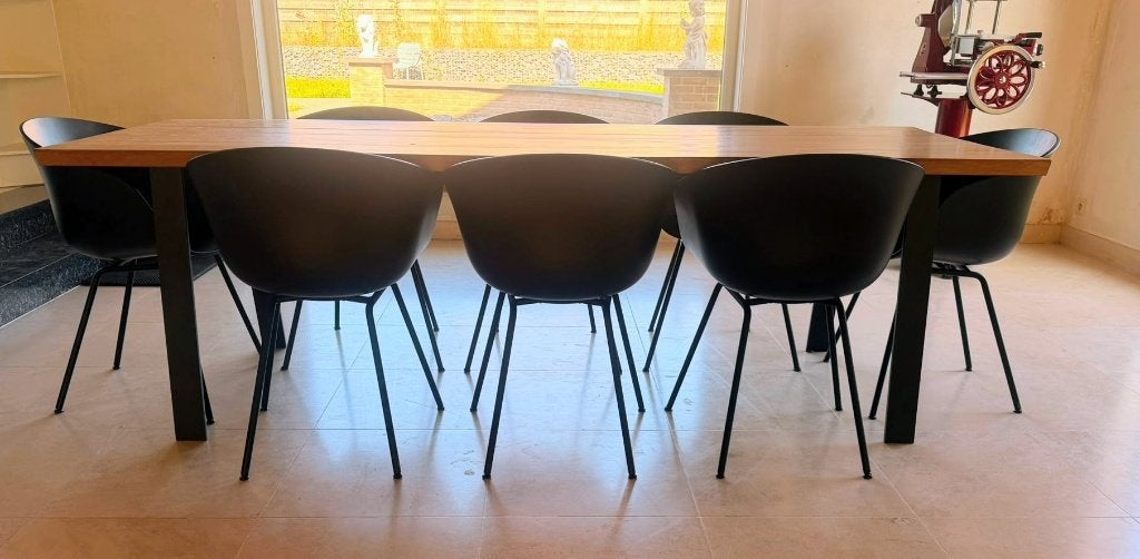 8 HAY kuipstoelen + massief houten tafel, Ophalen, Gebruikt, 200 cm of meer, 50 tot 100 cm
