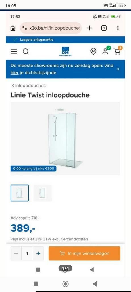 X2o douchewand nieuw in doos 120 x90 weg is weg!!!, Ophalen