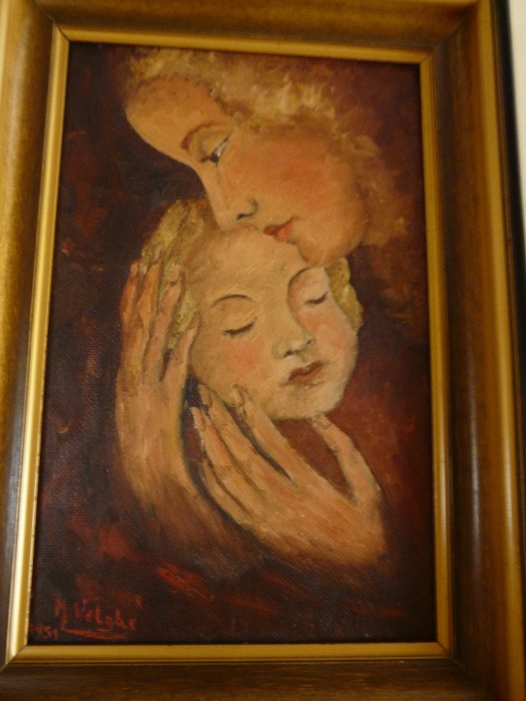 Gesigneerd schilderij uit 1951 " moeder en kind"  M.Velghe, Antiek en Kunst, Ophalen, Paneel, Portret of Personen, Gedateerd