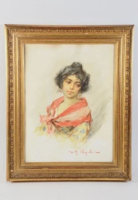 antiek portret aquarel Venitie meisje D. Angiolini 1900-1910, Ophalen, Portret of Personen, Origineel werk, Papier
