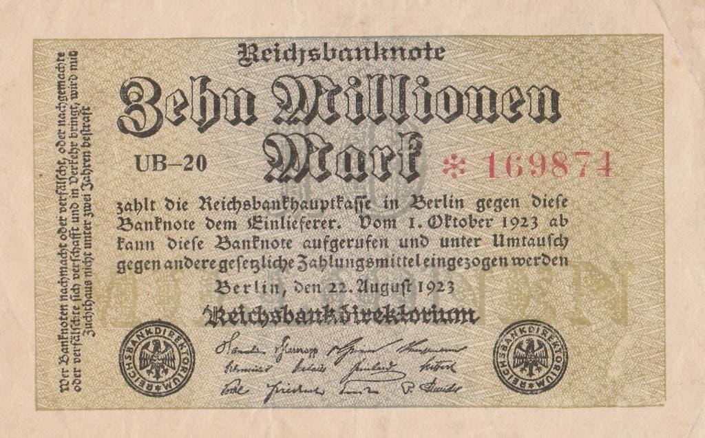 22 augustus 1923 Reichsbankbiljet van tien miljoen mark, Postzegels en Munten, Ophalen of Verzenden, Duitsland, Los biljet