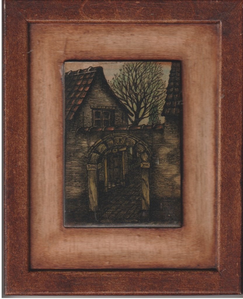 Beschilderde tegel in kader., Antiek en Kunst, Kunst | Etsen en Gravures, Stadsgezicht, Verzenden