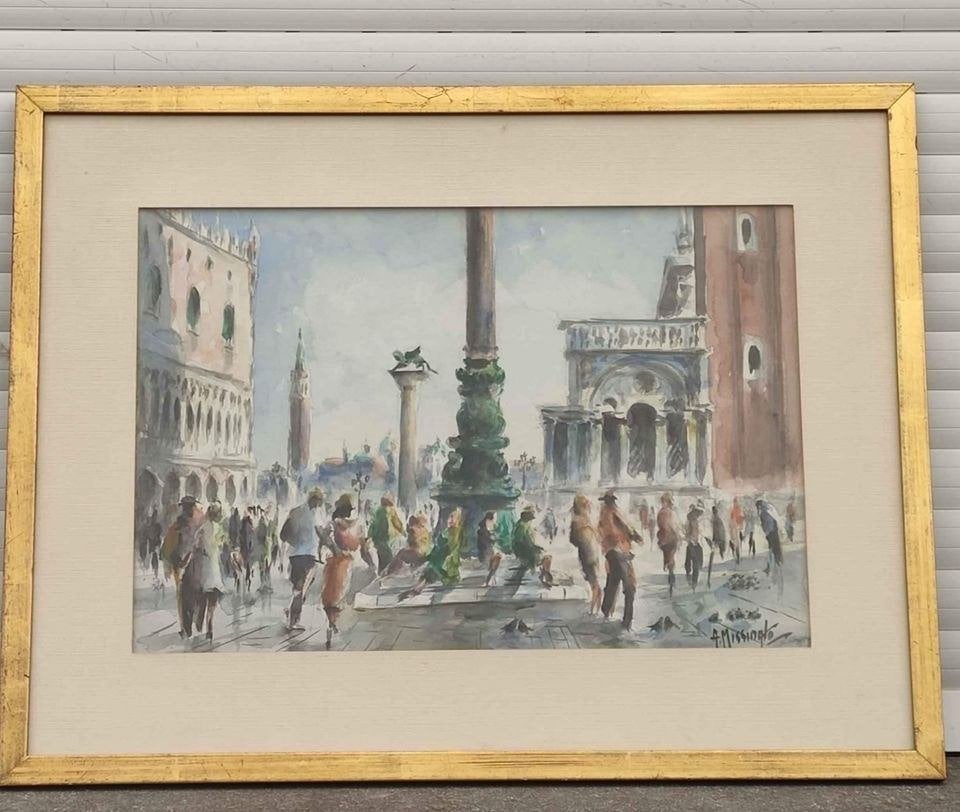 Aquarelle Venise signe Antonio missinato, Antiquités & Art, Enlèvement ou Envoi, Aquarelle