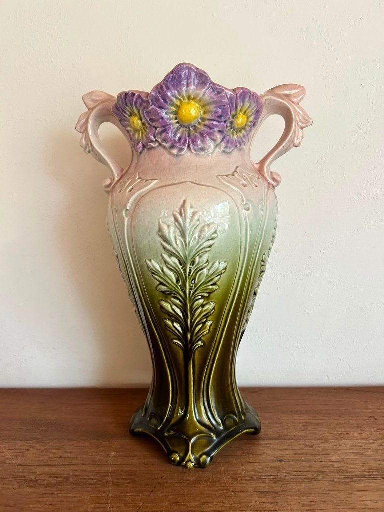Antieke keramieken vaas met bloemen – Art Nouveau stijl, Ophalen of Verzenden