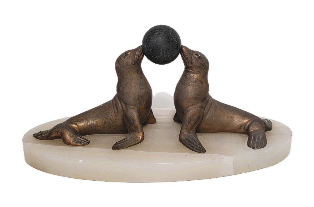 Statue Art Déco d'otaries sur socle en onyx., Enlèvement ou Envoi