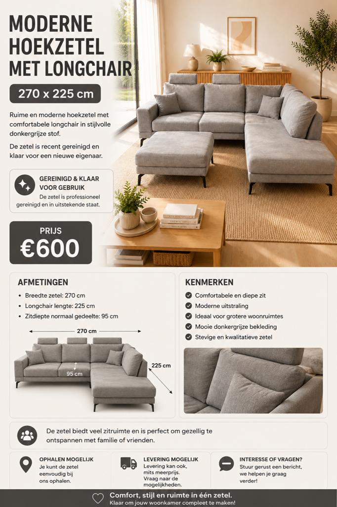 Moderne hoekzetel met longchair – gereinigd – 270 x 225 cm, 250 tot 300 cm, Hoekbank, Ophalen of Verzenden, Zo goed als nieuw