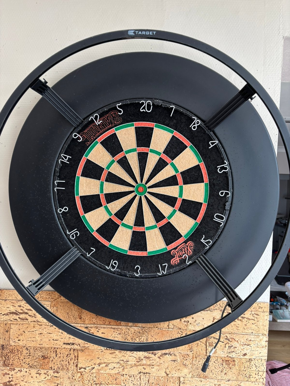 Dartsbord, omranding, verlichting en mat, Sport en Fitness, Darts, Ophalen, Zo goed als nieuw