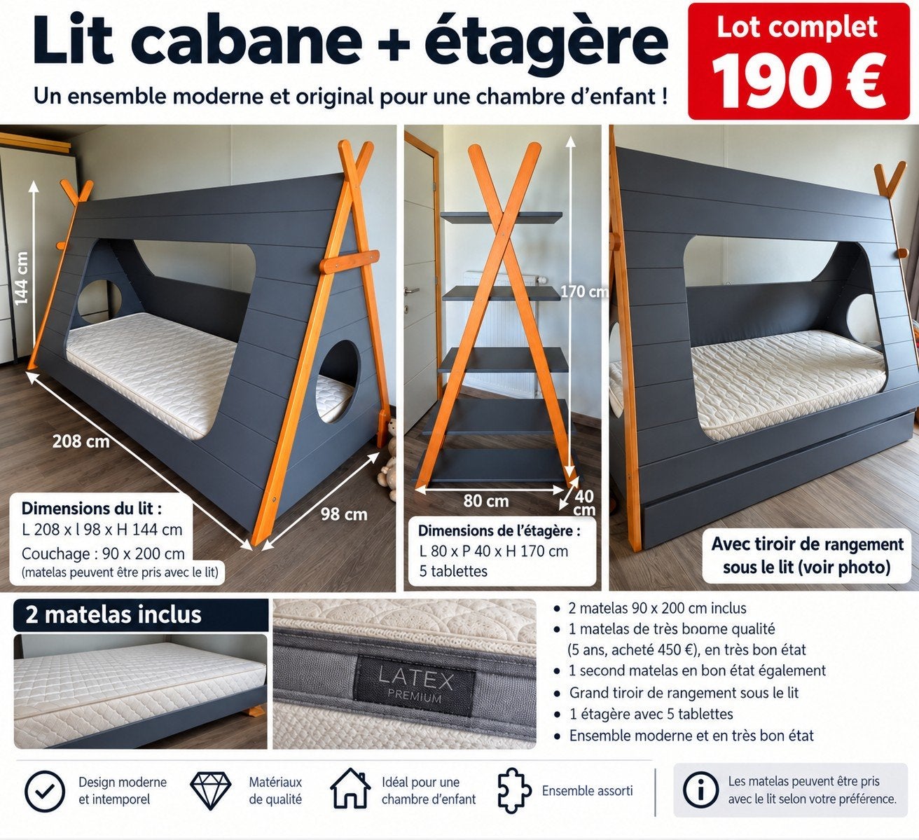 Lit cabane + bibliothèque + 2 matelas, Ophalen
