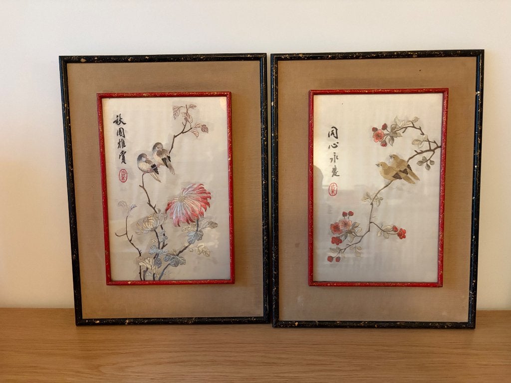 Set van 2 Vintage Chinese kaders Borduurwerken op Zijde, Antiek en Kunst, Ophalen, Handgemaakt, China, Glas