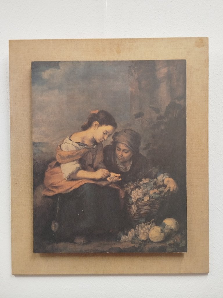 Vintage reproductie "Die kleine Obsthändlerin" B.E. Murillo, Ophalen of Verzenden, Vintage, Portret of Personen, Paneel