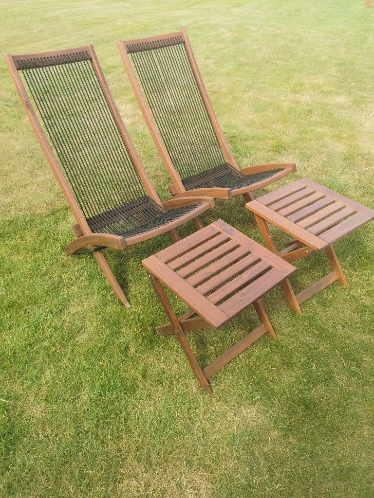 2 relax tuinstoelen + voetbankjes, Tuin en Terras, Ophalen, Zo goed als nieuw, Inklapbaar