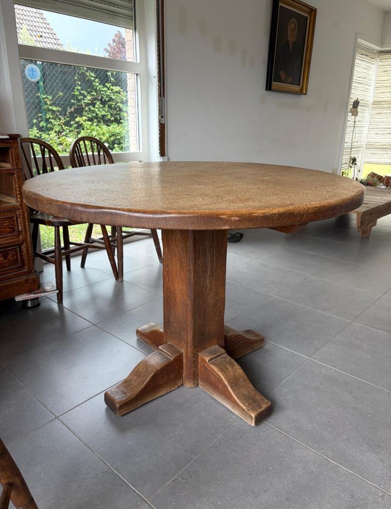 Ronde eiken tafel met 5 bijpassende stoelen., Ophalen, Gebruikt, 100 tot 150 cm, Landelijk