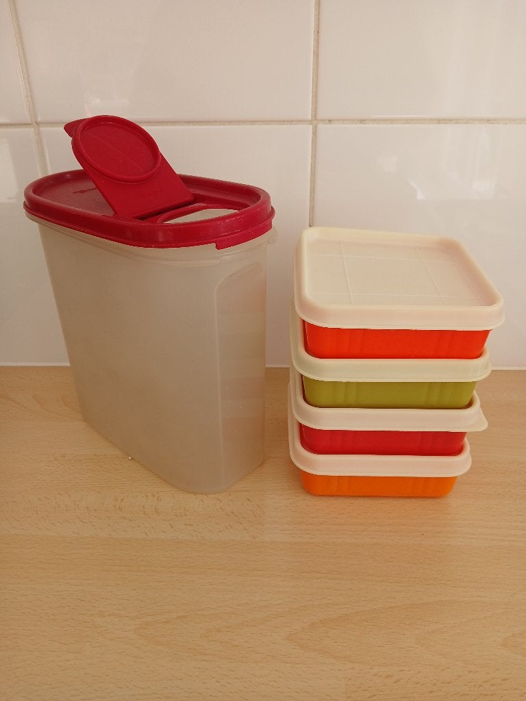 Tupperware van 1,7 liter, rood deksel + 4 DBP Vintage dozen, Ophalen, Luchtdicht, Gebruikt, 1700 ml