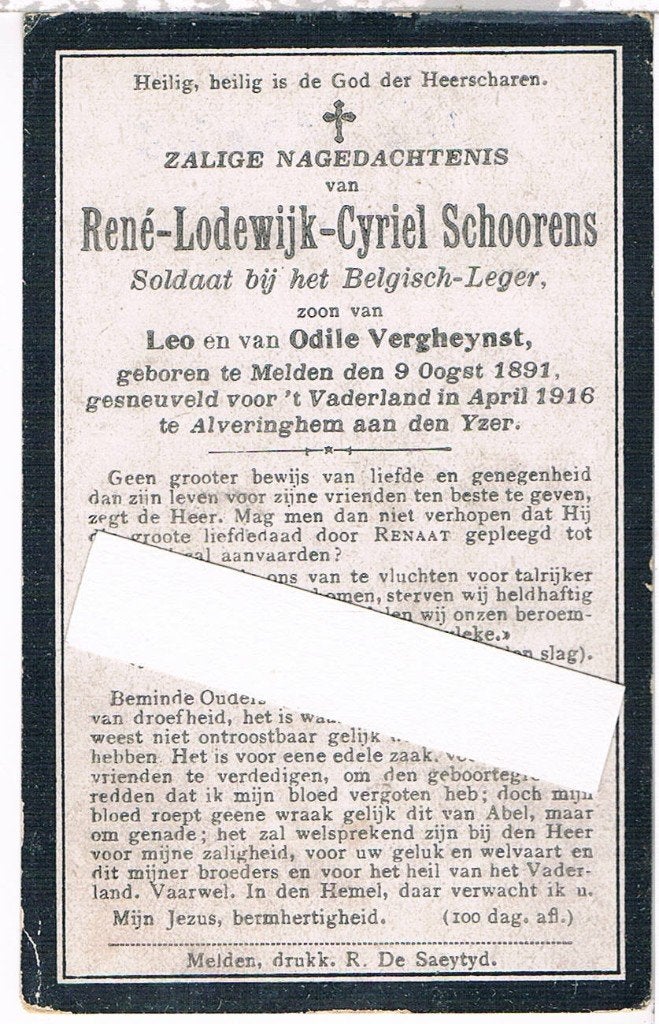 Soldaat. Schoorens René.  Melden 1891 † Alveringhem 1916, Verzamelen, Ophalen of Verzenden, Bidprentje