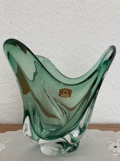 Vase en cristal vert Val Saint-Lambert, Antiquités & Art, Enlèvement ou Envoi