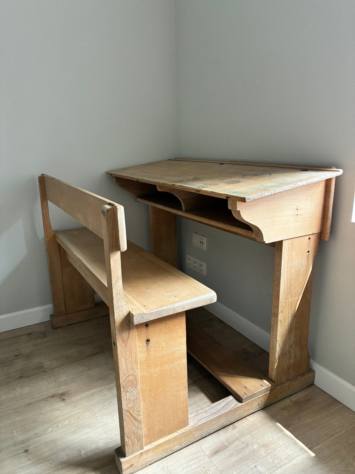 Vintage houten schoolbank, Vintage, Ophalen, Gebruikt, Hout