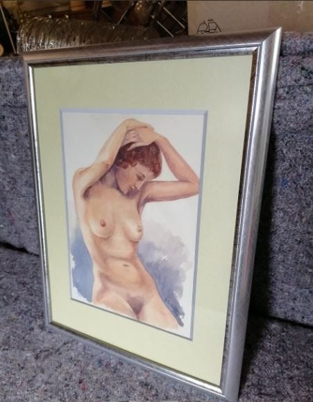 vintage naakt H.Fr. Schmidt aquarel 1949 karton, Portrait ou Personnes, Aquarelle, Enlèvement, Encadré