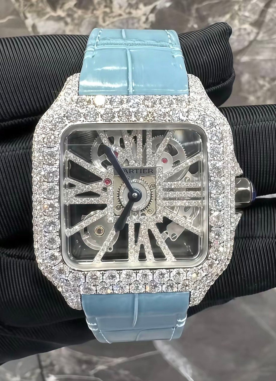 Cartier Santos Skeleton 41mm — Blauwe alligatorriem, Overige merken, Overige materialen, Leer, Polshorloge