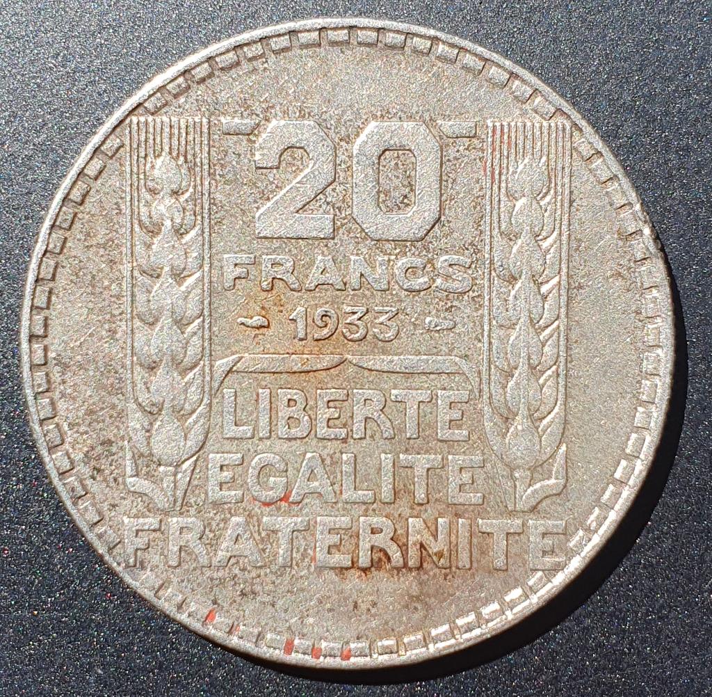 20 Franse frank Turin 1933 zilver, Ophalen of Verzenden, Frankrijk, Losse munt, Zilver