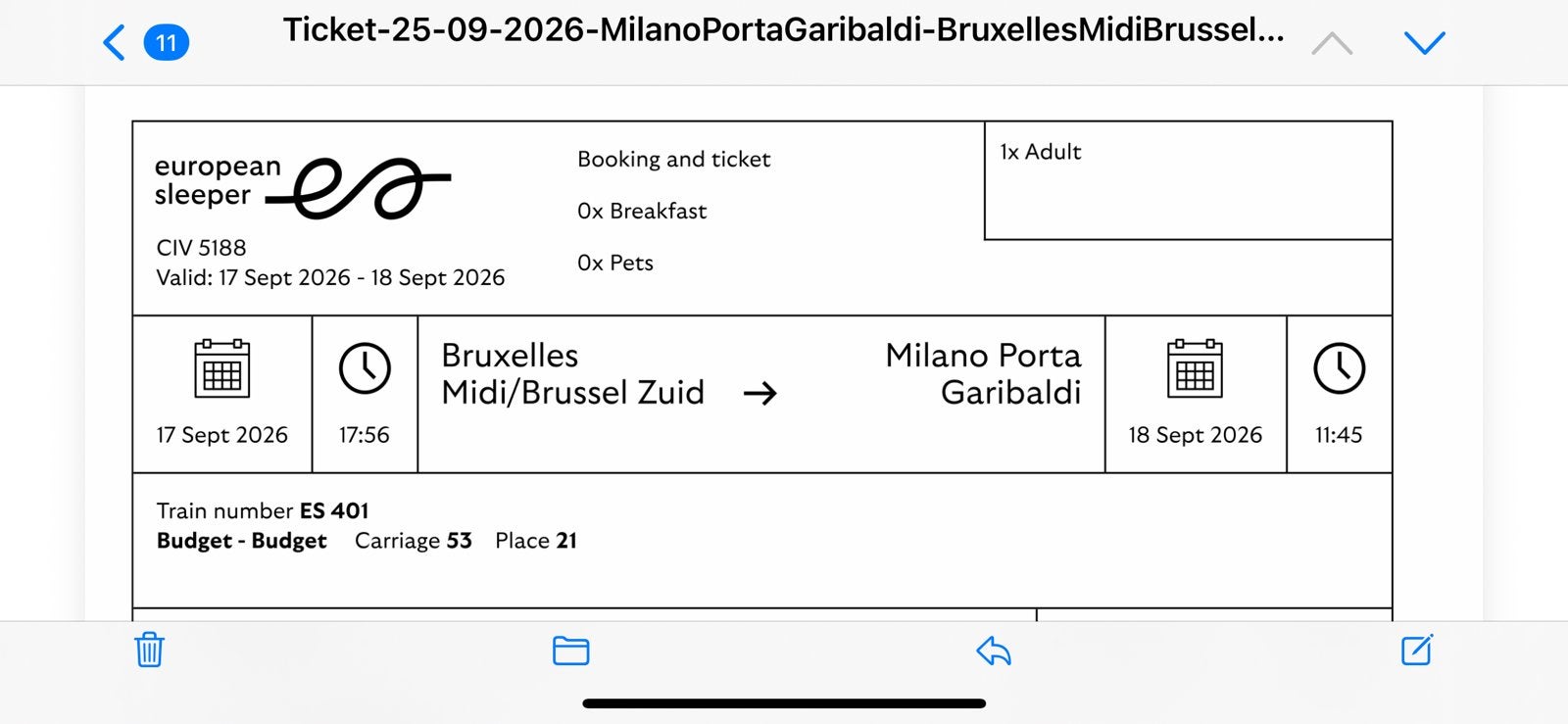 Billet de train de nuit Bruxelles - Milan, Une personne