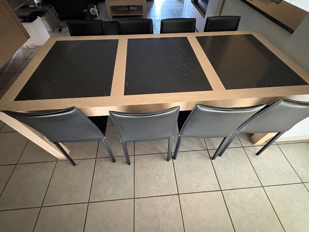 Eetkamer met tafel en 8 lederen stoelen, Ophalen, Gebruikt, Eigentijds, 8 stoelen of meer