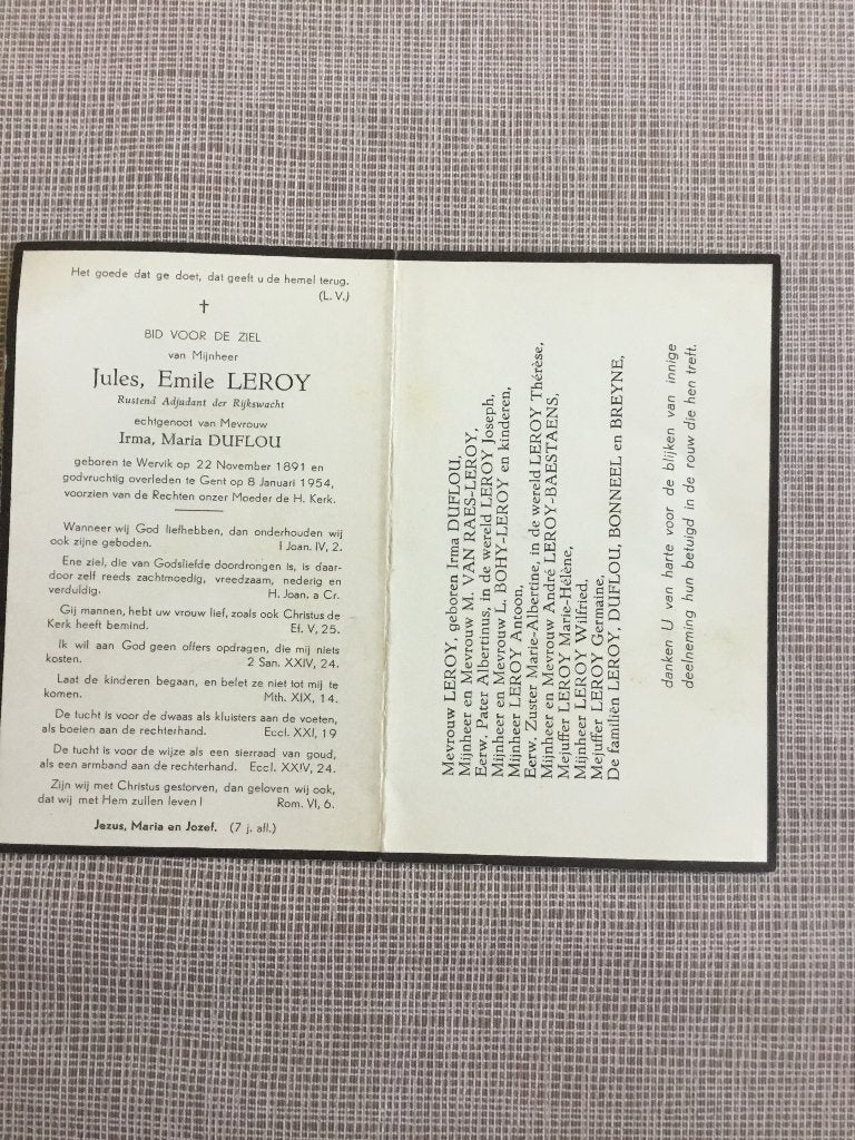 Rijkswachter Leroy Wervik 1891 + Gent 1954. Duflou, Verzamelen, Bidprentjes en Rouwkaarten, Verzenden, Bidprentje