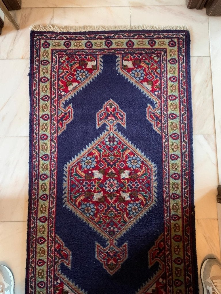 Vintage tapijt hangeknoopt, Ophalen, Gebruikt, Blauw, 200 cm of meer