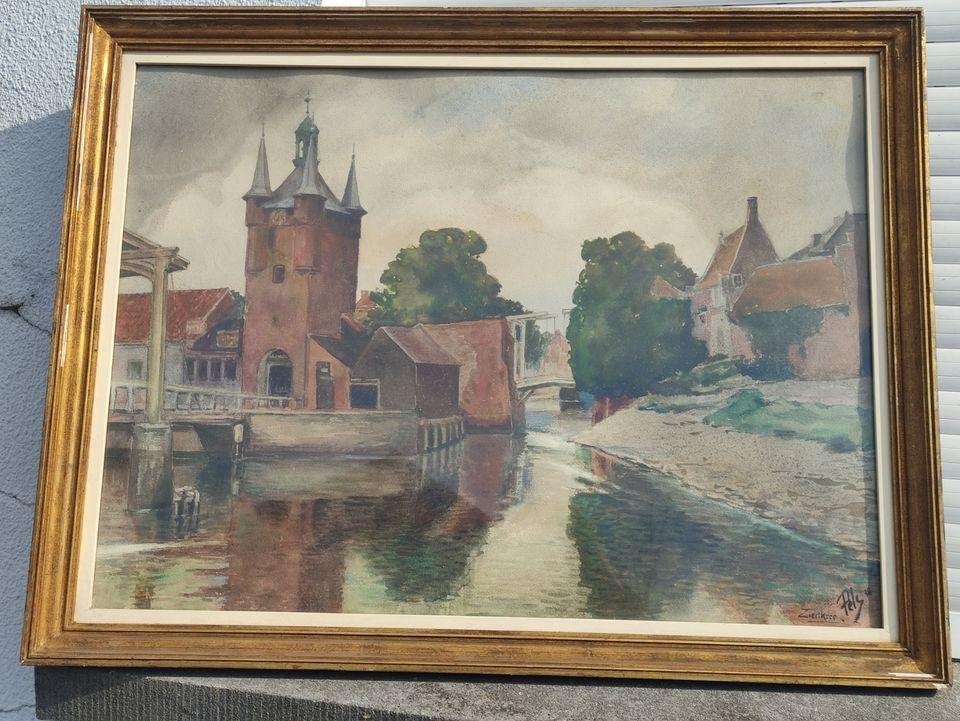 aquarelle l eglise de zierikzee signe marcel depelsenaire, Ophalen, Aquarel